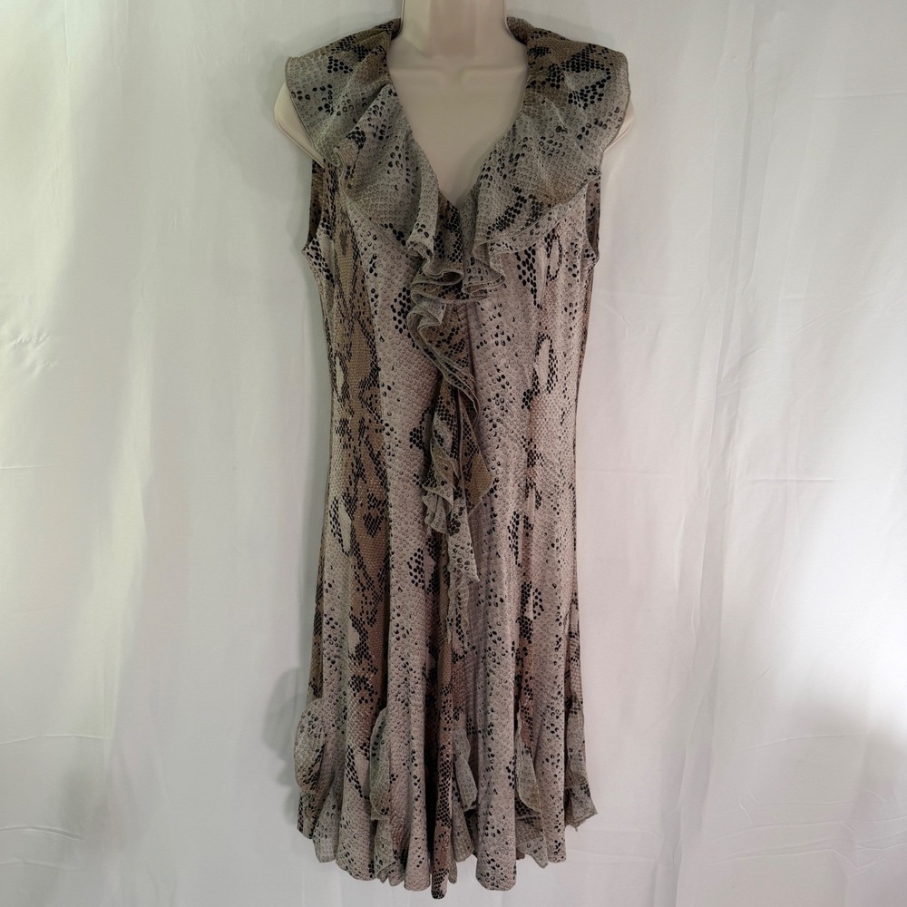 Sao Paulo Snakeskin Print Ruffle V-Neck Sleeveless Dress Tan Grey Size 8